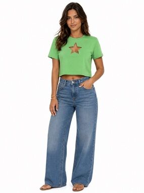 EVA Brazil Green Star Cutout Cropped Sweatshirt Tee Top Size P / S